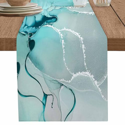 Marble Turquoise Teal Aqua Table Runner 90 Inches Long,Cotton Linen Modern Kitchen Dinner Dining Table Runners Decor Long Dresser Scarf,Burlap Tablerunner for Coffee/Dining/Party/Wedding Table - size: 13"x90"