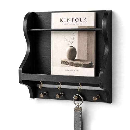 Pine Wood Mail Organizer Wall Mount with 7 Key Hooks for Home Decor, Black | Mail Holder for Wall, Key Hanger for Keys and Wallets, Magazine Holder for Paper, Bill Storage, Apartment Rustic Aesthetic - color: Black