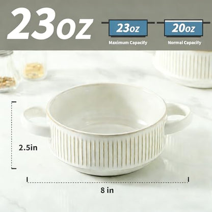 Soup Bowls with Handles, 23 oz French Onion Soup Crocks, Stackable Soup Bowl Oven Safe for Chili, Beef Stew, Embossment Ceramic Bowl Set - 5.4 Inch, Set of 4,Blue - color: White