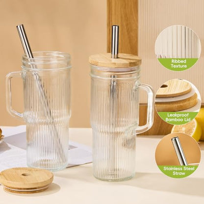 JunVpic Glass Tumbler, 24 oz Ice Coffee Cups with Bamboo Lid and Handle | Stainless steel straws and cleaning brushes, Ribbed design for iced coffee, smoothies, tea and daily drinks - color: Clear-Ribbed, size: 24oz