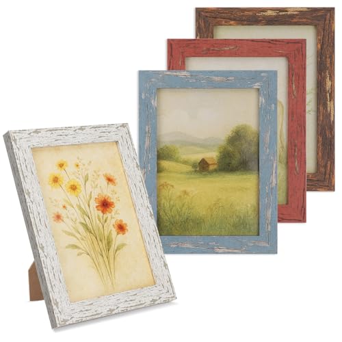 5x7 Rustic Farmhouse Picture Frames with Vintage Prints, Set of 4 | Distressed MDF wood-look frames in assorted colors with acrylic fronts for gallery walls, shelves, desks, or tabletops - color: Multicolour 4, size: 5x7