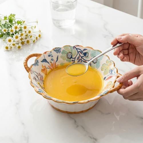 Floral Ceramic Soup Bowls with Handles Set of 2, 20 oz, 7.5 Inch | Floral soup bowls with handles for soup, chili, cereal and baked dishes; wide mouth, oven, microwave and dishwasher safe.