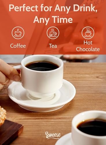 Sweese 2.5 Ounce Porcelain Stackable Espresso Cups with Saucers and Metal Stand Set of 4, White - color: White, size: 2.5 Ounces