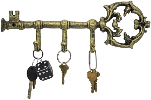 Stephanie Imports Rustic Cast Iron Large Key-Shaped Holder with 3 Key Hooks for Wall Mount (Antique Gold) - color: Antique Gold
