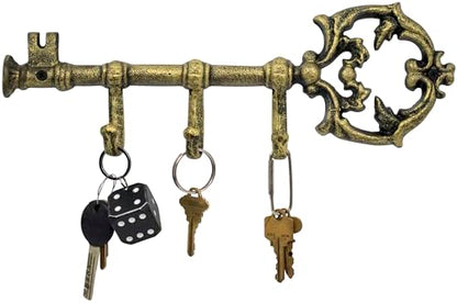 Stephanie Imports Rustic Cast Iron Large Key-Shaped Holder with 3 Key Hooks for Wall Mount (Antique Gold) - color: Antique Gold