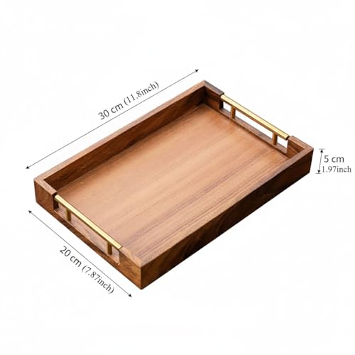 Wooden Serving Tray with Gold Metal Handles, 11.8" x 7.87" Rectangular | For Coffee Table, For Food, For Drinks, For Decor