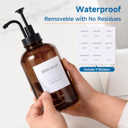 Glass Soap Dispenser with Upgrade Pump, Hand and Dish Soap Dispenser for Bathroom Kitchen, Soap Dispenser Set with 9 Stickers Funnel Bamboo Tray 500ml 18oz Amber - color: Amber