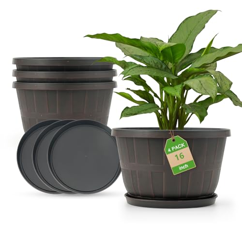 Quarut Plant Planters Pots Set of 4 Pack 16 Inch，Large Plastic Flower Pot | Plant Pots for Indoor Outdoor Plants with Drainage Holes & Trays, Whiskey Barrel Planters for House Garden Plant(Brown) - color: Brown, size: 16 inch-4 pack
