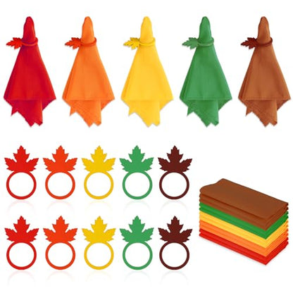 Whaline Fall Thanksgiving Napkin Rings Set of 20, 10 Pcs Wooden Maple Leaf Napkin Ring Holders with 10 Pcs Fall Cloth Napkins for Thanksgiving Table Decorations, Fall Banquet, Holiday Dinner Party