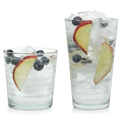 Libbey Hoops Tumbler and Rock Glass Set, Two Sized Nostalgic Retro Glass Cups Set, Dishwasher Safe Glasses Drinking Set of 16 for Any Occasion - color: 09 - Hoops