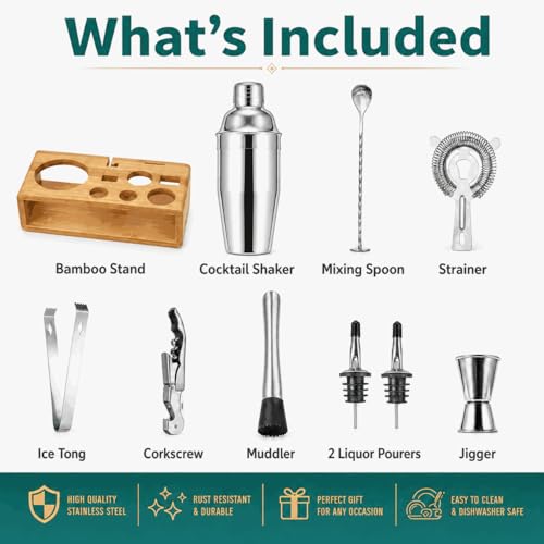 Cocktail Shaker Set, 18/8 Food-Grade Stainless Steel Mixology Bartender Kit 10-Piece Bar Tools with Stylish Bamboo Stand - Rust-Proof & Dishwasher Safe - Professional Martini Shaker Gift for Men, Dad