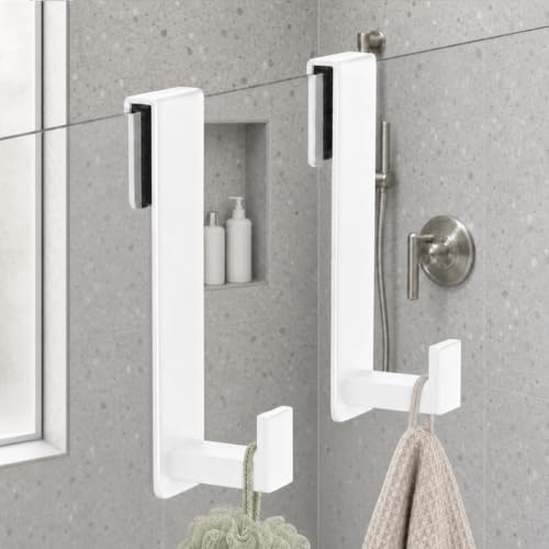 HUFEEOH Shower Door Towel Hooks, Stainless Steel Over Glass Door Hooks, Robe Hanger Fits Frameless Glass Shower Doors up to 3/8" Thick (White, Fits 3/8" Thick Door - L Shape - 2 Pack) - color: White, size: Fits 3/8" Thick Door - "L" Shape 2 Pack