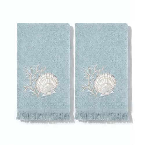 Avanti Linens – Fingertip Towel Set, 100% Cotton Velour Bathroom Towels with Embroidery & Absorbent Terry Reverse, Coastal Home Decor, Set of 2 (Sand Shells Collection) - color: Sand Shells, size: 2 Pack
