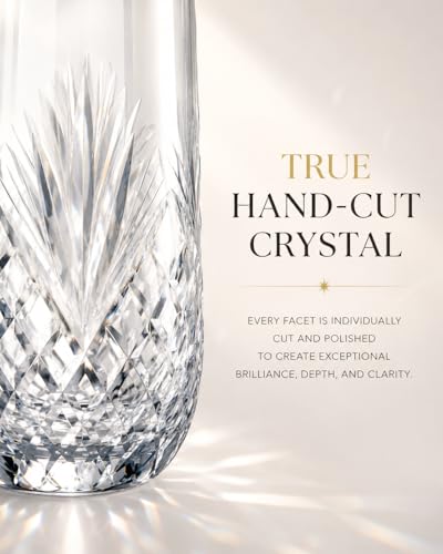 SHOSHIN Hand-Cut Crystal Stemless Champagne Flutes Set of 4, Handmade Mimosa & Sparkling Wine Glasses, 9.5 oz Toasting Glasses with Artisan Agave Pattern, Gift Box Included - color: Agave