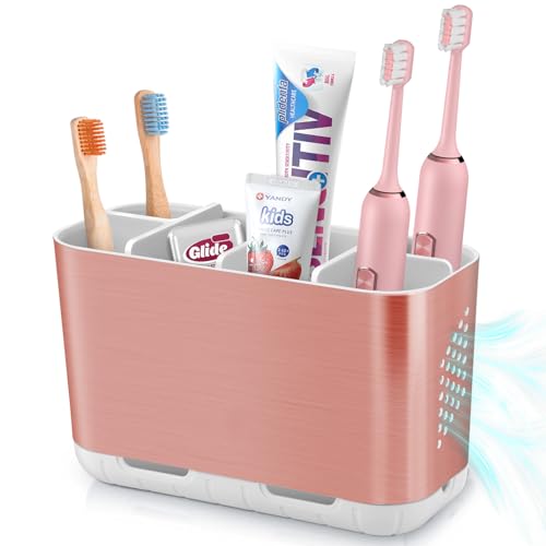 Boperzi Toothbrush Holders for Bathrooms Countertop, Electric Tooth Brush Holder with Adjustable Dividers, Detachable Anti-Slip Large Toothpaste Caddy Organizer Storage for Shower, Family, Kids, Pink - color: Brush Nickel+pink