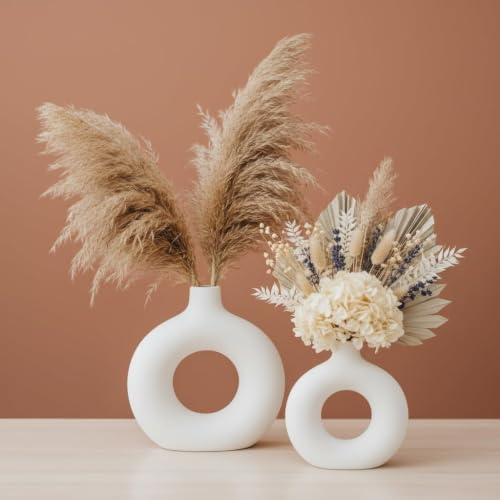 DESI SAMAAN Store Unique White Ceramic Donut Vases | Decorative Donut Vase for Dried Flowers & Pampas Grass (Set of 2) (6 & 8 Inch (Donut VASE)) - size: 6 & 8 Inch ( DONUT VASE )