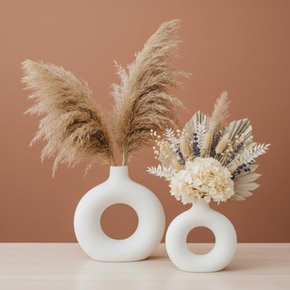 DESI SAMAAN Store Unique White Ceramic Donut Vases | Decorative Donut Vase for Dried Flowers & Pampas Grass (Set of 2) (6 & 8 Inch (Donut VASE)) - size: 6 & 8 Inch ( DONUT VASE )