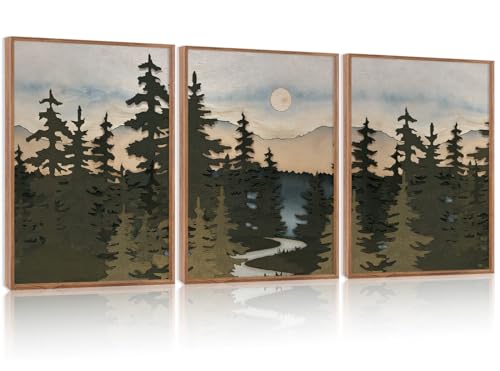 HPNIUB Vintage Mountain Framed Canvas Wall Art Set, Boho Sunrise Art Prints, Forest Nature Wilderness Art Paintings, Abstract Pine Tree Wall Decor for Living Room Bedroom, Office(Set of 3,12X16 Inch) - color: Forest Nature Wall Art