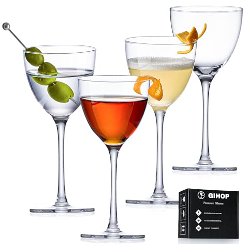 GIHOP Nick and Nora Cocktail Glasses, Small Coupe Martini Glasses Set of 4 | 5.8Oz Hand Blown,100% Lead-Free Crystal Coupe Glassware, Cocktail Glasses for Manhattan, Cosmopolitan, Espresso with Gift Box - size: Nick and Nora Cocktail Glasses 4
