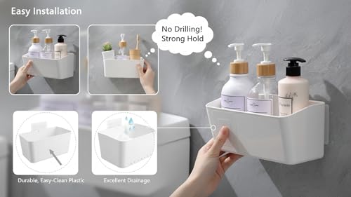 Bath Shelve, Adhesive Shelf Shower Caddy Bathroom Organizer, No Drill Wall Mounted Shower Caddy Basket Plastic，White Storage Rack for Bathroom/Kitchen