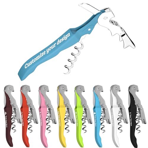 Custom Wine Opener Bulk, Laser Personalized Logo & Text, for Bar Weddings | Waiter Corkscrew Wine Key with Foil Cutter,Double Hinged Stainless Steel Wine Bottle Opener,for Servers,Bartenders,Sommelier - color: Blue