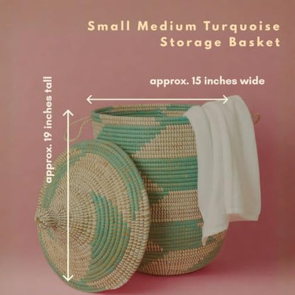 Decorative African Hooded Basket with Lid and Handles, 15" Wide, 19" Tall (Turquoise) - color: Turquoise