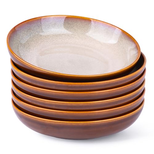 LERATIO Large Pasta Bowls,38oz Ceramic Pasta Bowls,9.0" Reactive Glaze Pasta Bowl Set of 6,Microwave & Dishwasher,Oven Safe,Wide Serving Bowls for Salad,Pasta,Fruit,Scratch Resistant-Khaki | Reactive Glaze Serving Bowls Set,Wide Bowl for Pasta,Salad,Fruit
