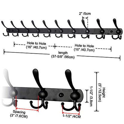 Coat Rack Wall Mount - 38” Long 10-Tri-Hooks Heavy Duty Coat Hanger Rail Wall Hooks for Hanging Coats Hats Clothing Clothes Purse Mudroom Entryway, Black - color: Black, size: L=38” (1 Pcs)