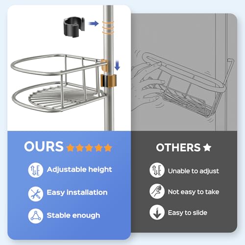 HAMITOR Shower Caddy Tension Pole: 4-Tier Corner Rustproof Bathroom Organizer - No-Drill Adjustable Shower Shelf for Renters - Floor to Ceiling Family Apartment Storage Rack - 47-121 Inch Silver Gray