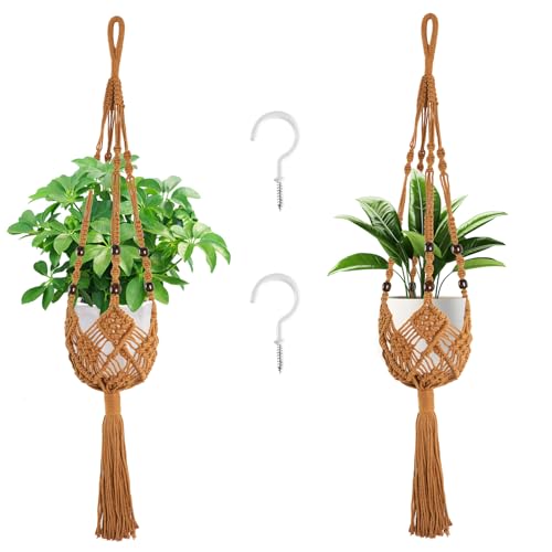 Jute Crochet Macrame Plant Hangers with Hooks, 2 Pack Hanging Holder | Natural Cotton Rope Material Indoor & Outdoor Weather Resistant Design 2 Pack Complete Kit with Mount Hooks - color: Caramel, size: 35 Inches