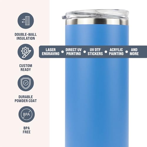Hogg 20 oz Skinny - Steel Blue, Powder Coated Tumblers for Laser Engraving, Engravable Tumblers Bulk, Stainless Steel Cups Bulk, Insulated Cups with Lids - color: Steel Blue
