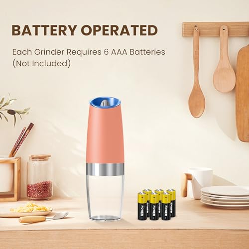 Battery Gravity Salt Pepper Grinder Set, 2 Pack (Pink) | Gravity Automatic Grinder With LED Light & Adjustable Roughness, Each Requires 6 AAA Batteries For Kitchen Daily Seasoning - color: Battery/Set/Pink