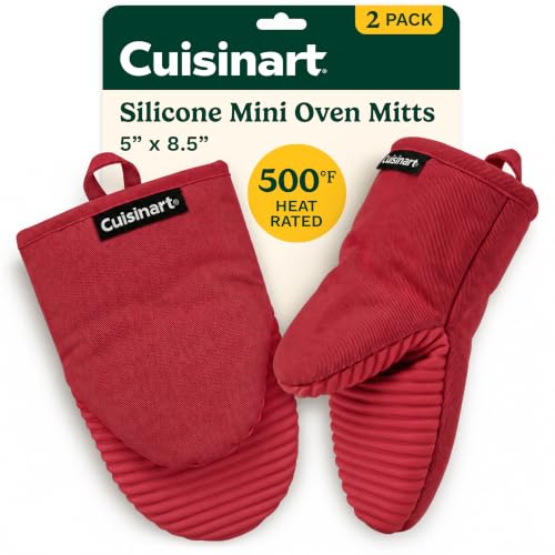 Cuisinart Mini Oven Mitts, 2-Pack 5"x8.5", Heat Resistant 500F | Compact pot holder for baking, air fryer, and cookware, silicone non-slip grip, hanging loop, fits either hand, wipes clean - color: Red