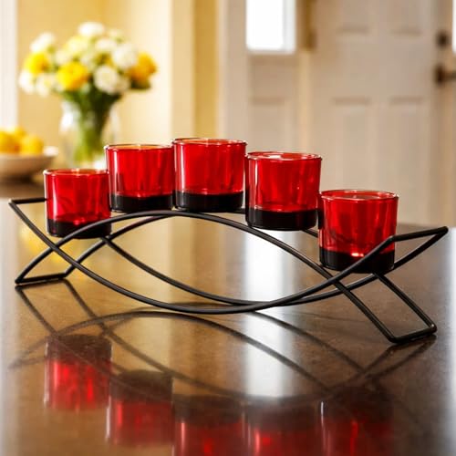 Centerpiece Table Decoration, Candle Holder Dining Room Decor, Red | Wrought Iron 5 Cup Candelabra, Votive Candle Holders, Long Modern Coffee Console, Black, Red Glass Cups, 17in Long - color: Black/Red, size: 5 Cup