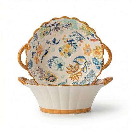Floral Ceramic Soup Bowls with Handles Set of 2, 20 oz, 7.5 Inch | Floral soup bowls with handles for soup, chili, cereal and baked dishes; wide mouth, oven, microwave and dishwasher safe.