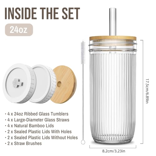 SoulTimes 24oz Mason Jar Drinking & Storage- Ribbed Glass Tumbler with Straw and Lid. Wide Mouth Boba Cups for Ice Coffee, Smoothie, etc. Leakproof and Reusable Food Container For Travel To Go 【4 Pcs】