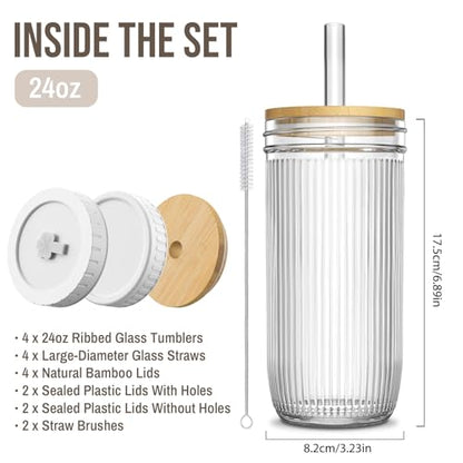 SoulTimes 24oz Mason Jar Drinking & Storage- Ribbed Glass Tumbler with Straw and Lid. Wide Mouth Boba Cups for Ice Coffee, Smoothie, etc. Leakproof and Reusable Food Container For Travel To Go 【4 Pcs】