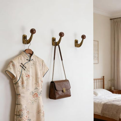 wall-mounted light luxury coat hooks, used for hanging coats, hats, scarves and towels, suitable for entrance halls, bathrooms and bedrooms (2, 7110Large-flowered Yellow Ancient + Walnut Wood) - color: 7110Large-flowered Yellow Ancient + Walnut Wood