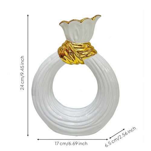 Circular Shaped Ceramic Vase White Glazed Ribbed Ceramic Vase Table Decoration for Tabletop, Floral Display, L 17cm W 6.5cm H 24cm - size: L 17cm W 6.5cm H 24cm