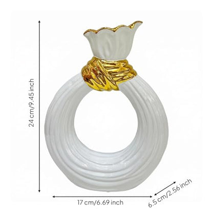 Circular Shaped Ceramic Vase White Glazed Ribbed Ceramic Vase Table Decoration for Tabletop, Floral Display, L 17cm W 6.5cm H 24cm - size: L 17cm W 6.5cm H 24cm