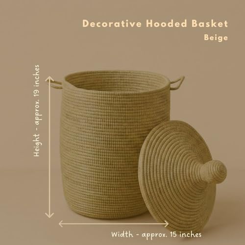 Decorative African Hooded Basket with Lid and Handles, 15" Wide, 19" Tall (Beige) - color: Beige