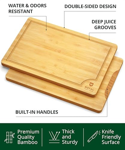 ROYAL CRAFT WOOD Bamboo Cutting Board with Juice Groove - Kitchen Chopping Board for Meat Cheese and Vegetables, Heavy Duty Serving Tray - color: Natural, size: 15"L x 10"W