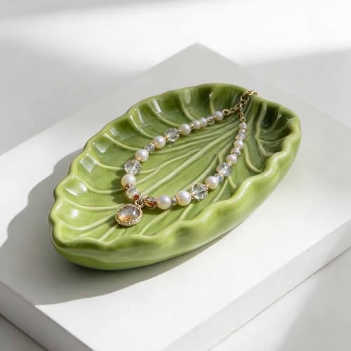 Nature Inspired Ceramic Jewelry Tray, 15 x 10 cm Green Catchall for Earrings Vanity Dresser Entryway Table Ac