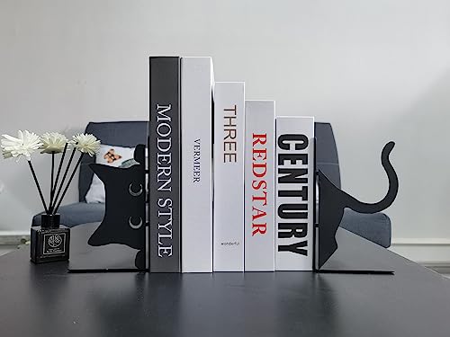 Book Ends Decorative,ENCIMART Book Ends,Metal Bookends,Book Holders for Shelves,Office Decorative Bookends,1.5mm Thickened Book Ends,Bedroom Library Office School Book Desktop Organizer Gift（Cat） | 1.5mm Metal Bookends for Heavy Books, Book Stoppers Desk
