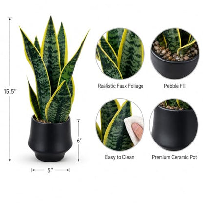 15" Artificial Snake Plant, Faux Sansevieria in Ceramic Pot