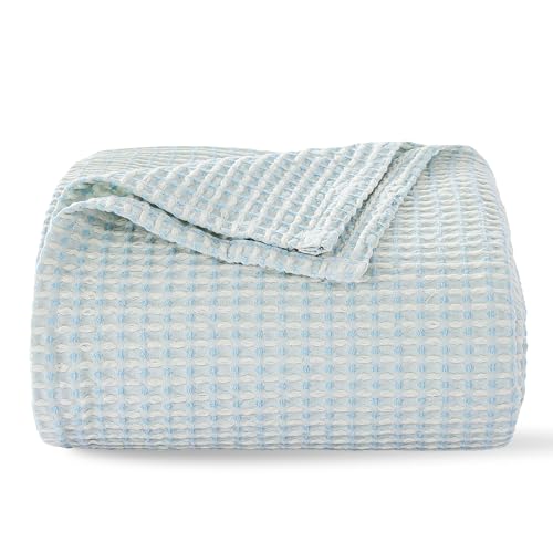 EGOHOME Cotton Two-Tone Check Pattern Waffle Blanket King Size | Light Blue/White, 108"x90", Lightweight Soft & Breathable for Bed, Couch, Sofa, All Seasons - color: Blue/White, size: King