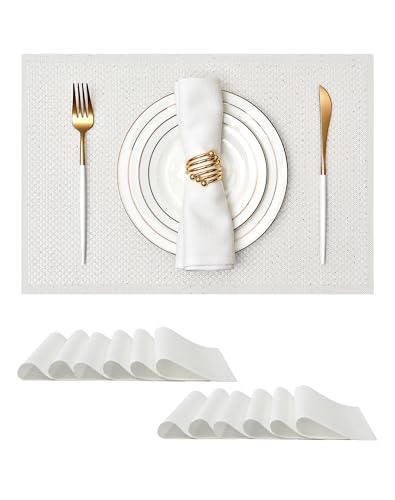 Leetaltree Woven Vinyl Placemats Set of 12, White Sequin | Waterproof & Washable Dining Table Mats for Wedding, Anniversary, Daily Use, Hand-Cut, Easy to Clean - color: 00- White Sequin, size: Set of 12
