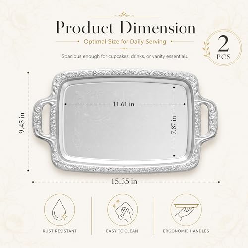 2 Pack Silver Serving Trays with Handles, Floral Engraved Polished Metal Platters, Multipurpose Decorative Tray for Food Serving Jewelry Cosmetics Home Party Decor