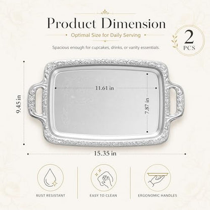 2 Pack Silver Serving Trays with Handles, Floral Engraved Polished Metal Platters, Multipurpose Decorative Tray for Food Serving Jewelry Cosmetics Home Party Decor