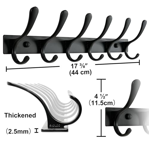 SKOLOO Heavy Duty Wall Mounted Coat Rack - 6 Hooks, Stainless Steel, Pack of 2, Sturdy Coat Hooks for Hanging Clothes, Jacket, Hat, Black - color: Black, size: 6 Hook(2 Pack)